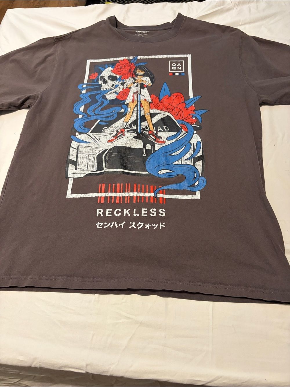 Senpai Squad Reckless Anime Girl Katana Skull JDM Car Graphic Tee Men's 2XL Gray